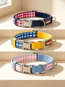 Vintage Denim Patchwork Plaid Dog Collar, Adjustable Size Fashion Plaid Pet Neck Collar, Dog Daily Walking Casual Accessory - Pink - View 4