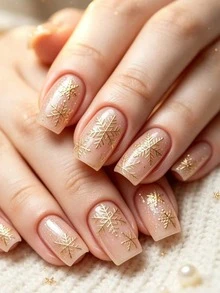 24PCS Christmas Elegant Gorgeous Golden Snowflake Press‑On Nails, Nude Base With Premium Golden Finish, Removable False Nails For Travel & Party - Gold - View 8