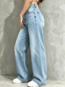 DG XUNLIN MODA Pantalones de mezclilla de mujer jeans de mujer Pantalones Vaqueros Rectos de Cintura Alta para Mujer, Lavado Azul Claro con Pedrería Brillante, Corte Holgado Disimula Caderas, Estilo Casual - Azul claro lavado - Ver 4