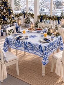 1pc Polyester Christmas Tablecloth, Blue Snowflake Winter Village Christmas Tree House Print Xmas Holiday Table Cover, Festive Dining Table Decor For Christmas Party Kitchen Dining Room Home - Multicolor - View 6