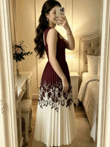 Vintage Black & White Print Pleated Skirt, Elastic Waist, Elegant Flowy Umbrella-Shaped Skirt - Burgundy - View 4