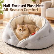 1pc Cozy Half-Enclosed Pet Bed For Cats & Small Dogs, Soft Fleece Lining, Raised Rim Support, Plush PP Cotton Cushion, Anti-Slip Bottom, Warm Comfortable All-Season Sleeping Nest - Grey - View 7