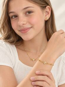 4pcs Gold Star Bead Necklace Bracelet Earrings Set Girls Jewelry, Delicate & Shiny, Suitable For Birthday Party And School Wear - Gold - View 2
