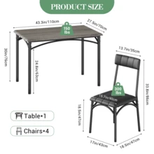 5-Piece Dining Table Set For 4, Rectangular Kitchen Table With 4 Upholstered Chairs, Metal & Wood Frame, Space-Saving For Small Apartment Dining Room, Rustic Brown/Grey - Gray - View 6