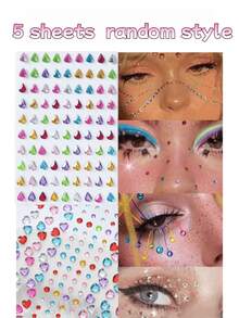 Approx. 480-100pcs 3D Summer Rainbow Color Glitter Gem Stickers, 2pcs Y2K Acrylic Glossy Heart Stickers, Self-Adhesive Rhinestone Diamonds, Suitable For Makeup And Clothing, Multi-Color Diamond Face Gems, Perfect For Festivals, Parties And Events - Multicolor - View 8