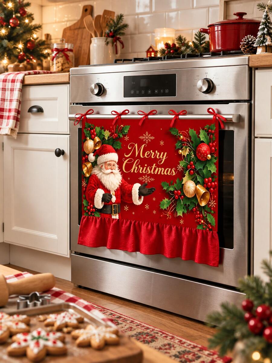 Christmas Oven Door Curtain, Gingerbread House Santa Snowman Print Ruffled Oven Cover With Tie Bows, Xmas Kitchen Home Decoration - B - View 1