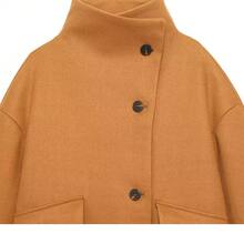 Women's Autumn/Winter Loose Funnel Neck Coat, Button Detail Design, Dropped Shoulder Long Sleeve, Regular Length Casual Jacket - Khaki - View 3
