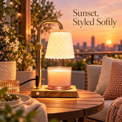 Glass Shade, Wood Round Base & Gold Rod Wax Warmer (Lamp), Timer, Brightness Control, Height Adjustable, GU10 Bulb. Great For Entryway/Console, Gift For Mother's Day, Father's Day, Xmas.