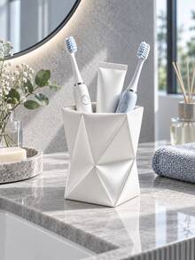 1pc White Geometric Toothbrush Cup, Modern Minimalist Electric Toothbrush And Toothpaste Countertop Storage Rack, Multi-Functional Bathroom Sink Storage Cup, Mouthwash Cup, Couple Home Dorm Bathroom Accessory, Sink Essential And Decor - Multicolor - View 8