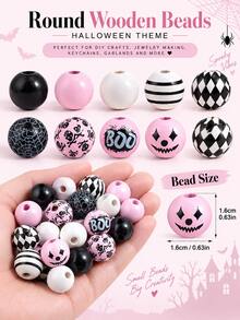 60pcs Pink Halloween Wooden Beads Handmade Craft Set - Soft Gothic Style Round Wooden Spacer Beads, Includes BOO Skull, Pumpkin, Spider Web Patterns, Comes With Elastic Cord, Suitable For DIY Bracelet Making, Layered Tray Wreath Decoration, Rustic Home Decor And Handicraft Creation. - Pink - View 6