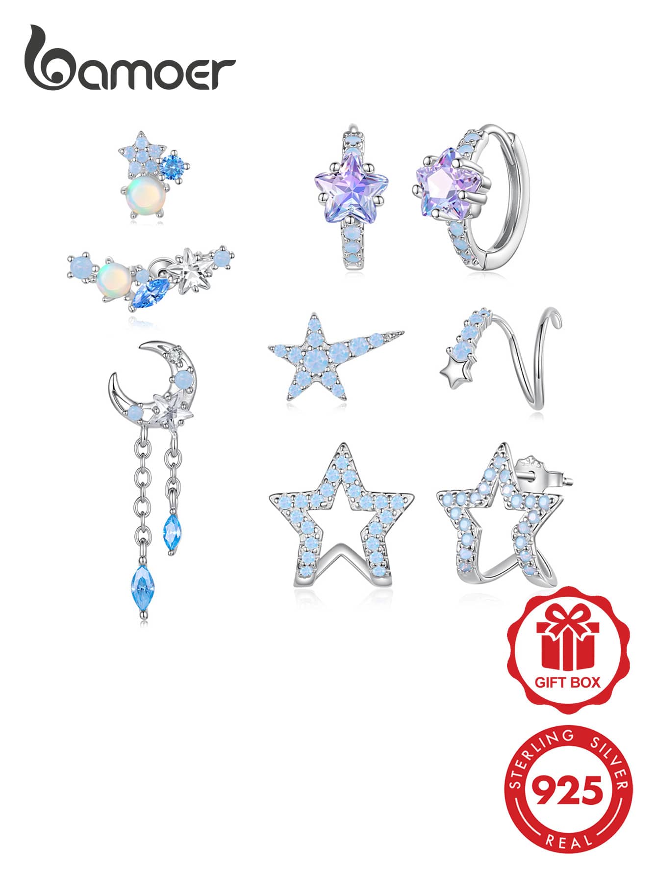 Bamoer 1pc Anting Tunggal Bintang Opal Perak Sterling 925 dengan Sekrup Belakang, Perhiasan Telinga Piercing Helix Kristal Bulan dan Bintang Surgawi untuk Wanita, Termasuk Kotak Hadiah - Perak - View 1