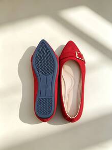 1 Pair Comfortable Flat Pointed Toe Suede Loafers With Metal Square Buckle Design, Leopard Print, Multi-Color Options, Versatile Daily Commute Low Vamp Women Shoes - Red - View 6