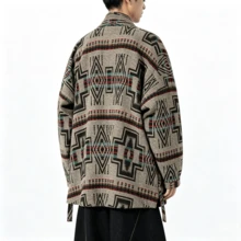 Men's Spring/Autumn/Winter Wool Blend Jacket, Vintage Geometric Pattern Loose Tie-Front Casual Jacket - Multicolor - View 2
