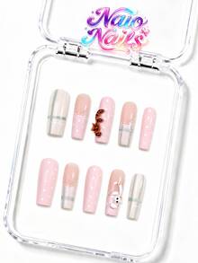 NAIO 10片手工穿戴式假指甲，3種尺寸：棺材型/杏仁型/短方型，Y2K辣妹風，裸色/白色/粉色/藍色法式邊緣，3D動物浮雕、波點、格紋與蕾絲，奶油質感，適合女性與女孩，日常/派對穿著，附工具組，禮品與美甲用品 - 彩色 - 查看 16
