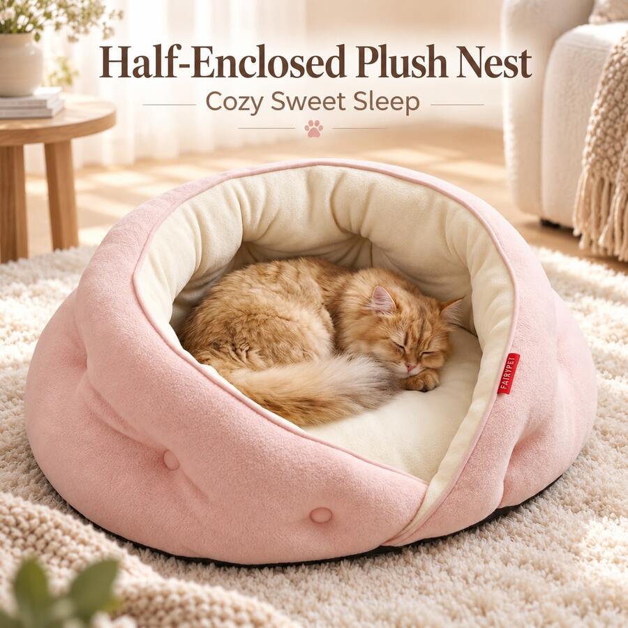 1pc Cozy Half-Enclosed Pet Bed For Cats & Small Dogs, Soft Fleece Lining, Raised Rim Support, Plush PP Cotton Cushion, Anti-Slip Bottom, Warm Comfortable All-Season Sleeping Nest