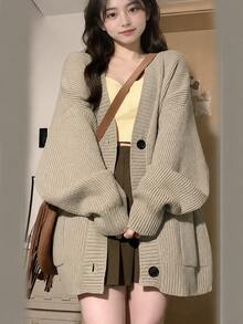 Alicedudu Women Casual Solid Color Button Down Batwing Cardigan, Spring/Autumn,Three Quarter Sleeve Tops - Khaki - View 1