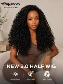 MEGALOOK Wig 3 in 1 Setengah Rambut Keriting Dalam Hitam Alami 100% Rambut Manusia, Dapat Dipakai, Ditingkatkan, Dilengkapi Bando, Wig Gaya Terurai, Wig Tanpa Lem, Rambut Manusia dengan Tali Serut, Ramah untuk Pemula - SNatural - View 2