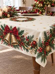 1pc Polyester Christmas Tablecloth, Red Bow Gold Bell Holly Wreath Print Xmas Holiday Table Cover, Traditional Festive Dining Table Decor For Christmas Party Dinner Kitchen Home - Multicolor - View 4