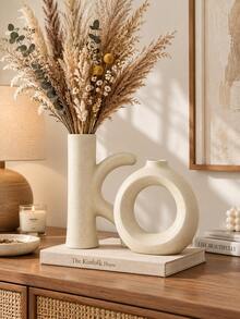 2pcs Beige Abstract Ring Resin Vase, Modern Hollow Circular Sculpture Style Vase, Suitable For Dried Flowers, Reed Grass And Branches, Wabi-Sabi Living Room Bookshelf Entryway Office Decor - Multicolor - View 3