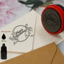 (1pc Stamp + 1 Bottle Refill Ink) Birthday Party Series Stamp With Happy Birthday Phrase - For Scrapbooking, Card Making, Invitations, Birthday Decorations, Birthday Party Decor Crafts, Birthday Celebration Crafts, Invitation Decor, Decorative Seal, Multi-Purpose Stamp - Large Glossy Black Self-inking Stamp With Red Border - View 15