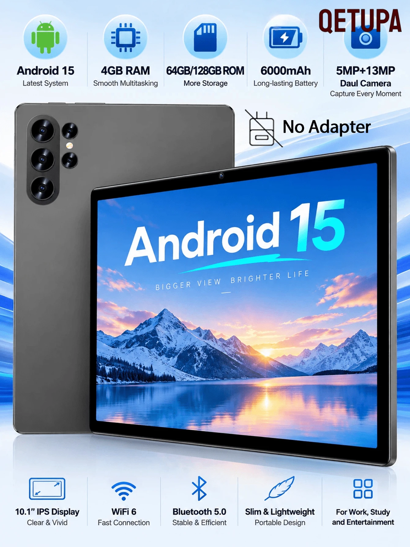Qetupa 10.1 吋 HD IPS Android 15 平板電腦,4GB RAM 64GB/128GB 儲存空間,MTK8788 2.0GHz 八核心,5MP+13MP 相機,6000mAh 長效電池,2.4G&5G WiFi 5 BT5.2 GPS(不含適配器) - 黑色 - 查看 1