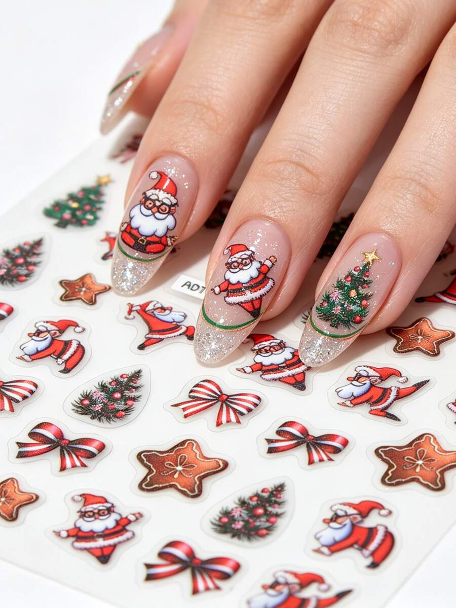 1PC Cute Santa Claus Bow Nail Stickers, Colorful Ball Christmas Tree, Gingerbread Star & Candy Nail Slides, Christmas Theme, Shiny Surface, Asymmetrical Shape, Suitable For Holiday Party - Multicolor - View 1