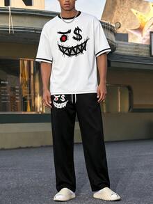 Men's Retro Dollar Bill & Smiling Face Print Casual Short Sleeve Top And Wide Leg Pants Set - Multicolor - View 2
