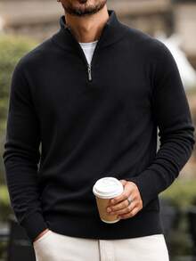 Krometka Men's Half-Zip Stand Collar Long Sleeve Top, Minimalist Basic Style, Commuter Casual Pullover - Black - View 4
