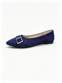 1 Pair Comfortable Flat Pointed Toe Suede Loafers With Metal Square Buckle Design, Navy Blue Low-Cut Slip-On Shoes For Women, Suitable For Daily Commute - Navy Blue - View 12