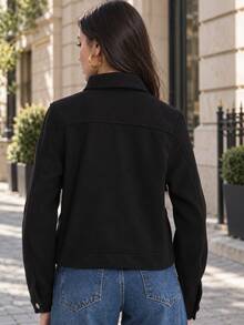 TRAFZA Women's Elegant Casual Tweed Jacket Wool Blend Coat, Warm & Loose Fit, Solid Color, Spring/Autumn - Black - View 2
