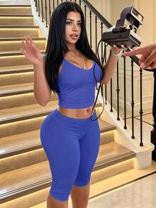 Women's Casual V-Neck Ribbed Knit Tank Top + Fitted Capris Solid Color 2-Piece Set Summer Outfit Elegant - Blue - View 2