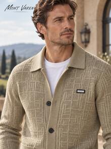 MONT VAREN Men's Collared Jacquard Knit Cardigan With Patch Pockets For Men - Khaki - View 7