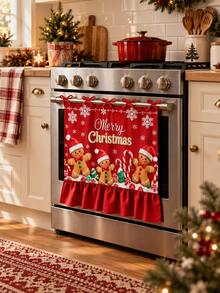 Christmas Oven Door Curtain, Gingerbread Man Santa Claus Wreath Print Ruffle Edge Oven Cover With Tie Bow, Christmas Kitchen Decor - A - View 7