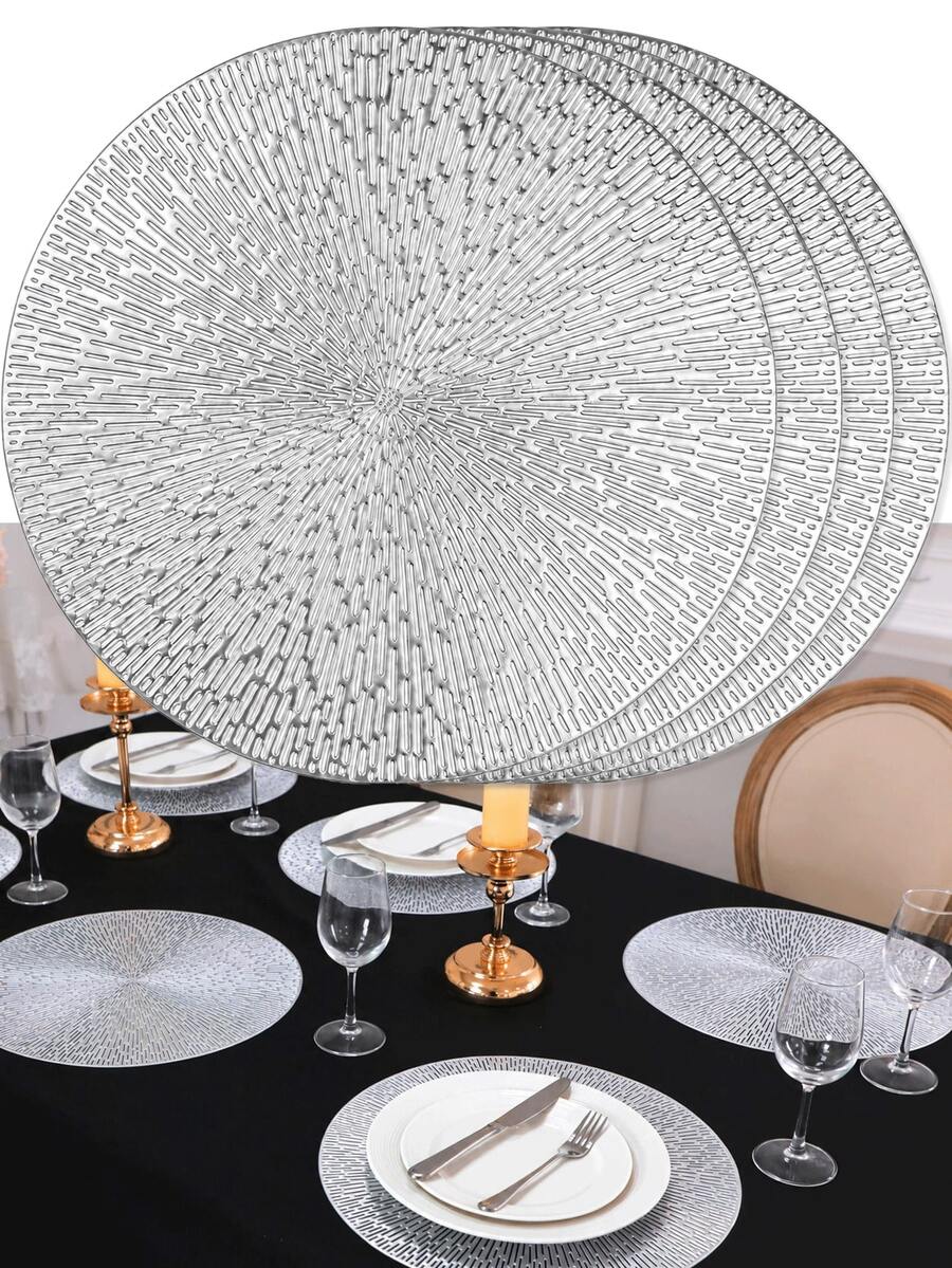 1/4/6/8/12pcs 15 Inch PVC Silver Round Placemats, Fireworks Pattern, 15 Inch Washable Placemats Suitable For Dining, Events, Banquets, Weddings, Bridal Showers, Daily Home Use