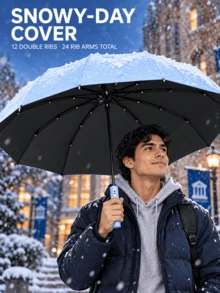 12-Rib Double-Reinforced Automatic Open/Close Folding Umbrella, 24 Ribs Total, Sturdy Wind-Resistant Frame, Extra-Large Canopy For Effective Rain Protection, 3-Fold Portable And Collapsible, Sun And Rain Dual Use, Minimalist Solid Color Business Style, Suitable For Daily Commute, Outdoor Travel, Business Trips And Sightseeing, Handles Heavy Rain And Strong Wind, Practical Rain Protection Tool For Home And Travel, Halloween, Thanksgiving, Christmas, Birthday Gift, Fully Automatic Open/Close - A - View 3