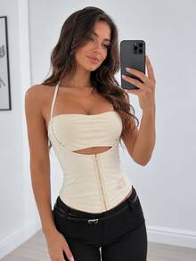 Kliou Halter Chic Camisole Women's With Lace-Up Patchwork Single-Breasted Irregular Hem Summer Fashion Streetwear Beach Tank Tops - Apricot - View 1