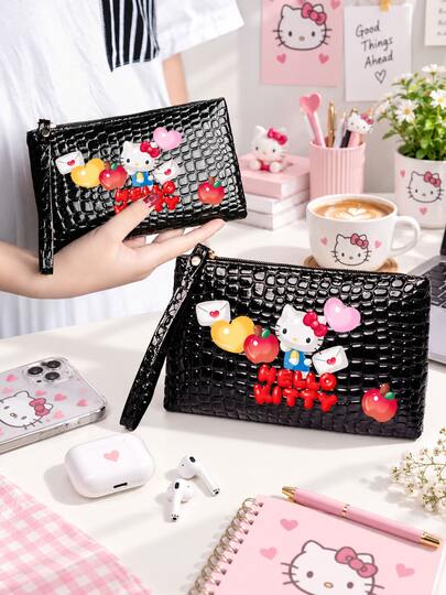SANRIO 1pc Hello Kitty Phone Wallet For Women, Black Glossy Textured Zipper Wristlet Clutch Purse With Detachable Strap, Portable Phone Pouch