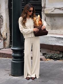 Knitwear 2 Pieces; Drop Shoulder Long Sleeve Button Front Casual Sweater Top And Loose Fit Pants - White - View 5