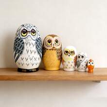 5 piezas de muñecas anidadas de búho hechas a mano, muñecas rusas de madera apilables, juguetes apilables de animales, regalo de Navidad y decoración del hogar - Blanco - Ver 1