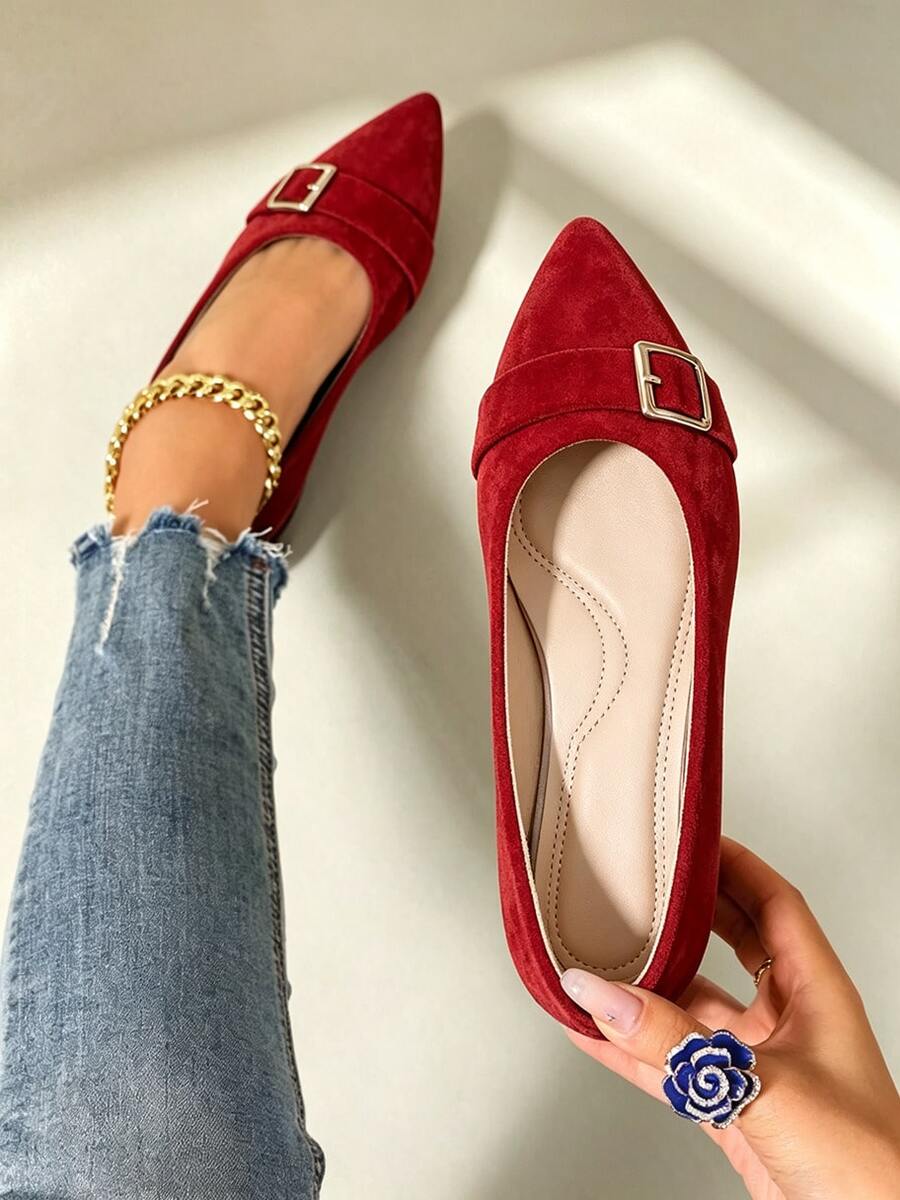 1 Pair Comfortable Flat Pointed Toe Suede Loafers With Metal Square Buckle Design, Leopard Print, Multi-Color Options, Versatile Daily Commute Low Vamp Women Shoes - Red - View 1