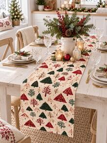 1pc Christmas Table Runner, Watercolor Christmas Tree Pine Branch Berry Print Tabletop Decor, Holiday Dining Room Kitchen Countertop Decoration, Christmas Family Dinner Party Table Centerpiece - Multicolor - View 11
