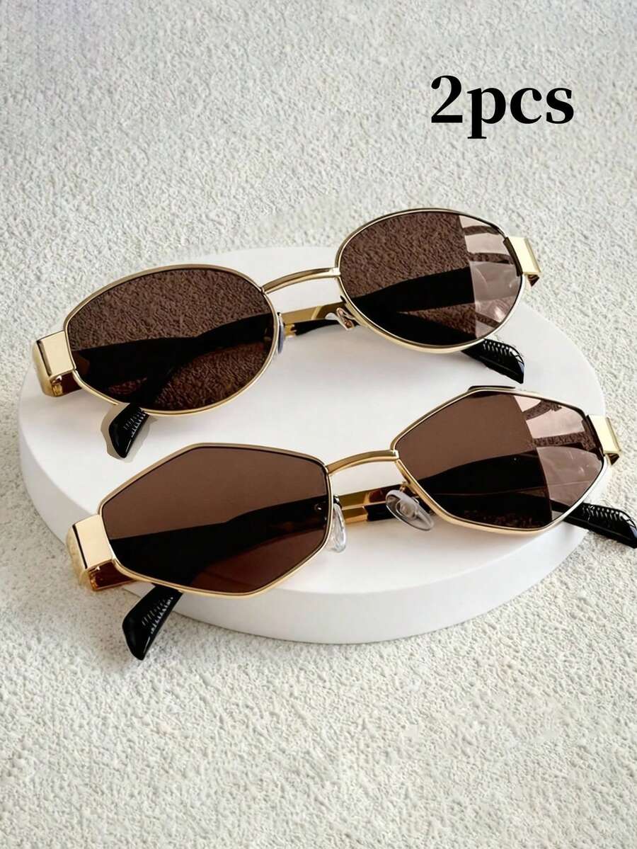 1 Set Of 2 Pairs Summer Fashion Retro Oval & Rhombus Metal Frame Eyeglasses, Unisex Glasses For Daily Commute, Beach, Travel, Street Photography - 2pcs Leopard Print Round Tea - View 1