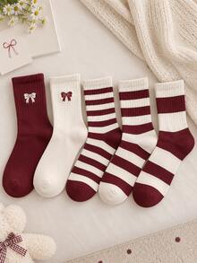 5 Pairs Women's Bowknot Jacquard Mid-Calf Socks, Soft Breathable Cotton Knitted Calf Socks, Burgundy Striped Pattern Socks, Cute Bowknot Decor Ribbed Socks, Versatile Daily Japanese Sweet Style Multi-Pack, Suitable For Women And Girls - Multicolor - View 5