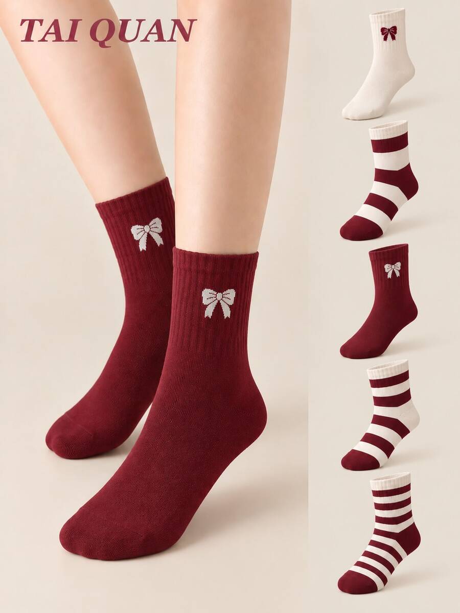 5 Pairs Women's Bowknot Jacquard Mid-Calf Socks, Soft Breathable Cotton Knitted Calf Socks, Burgundy Striped Pattern Socks, Cute Bowknot Decor Ribbed Socks, Versatile Daily Japanese Sweet Style Multi-Pack, Suitable For Women And Girls - Multicolor - View 1