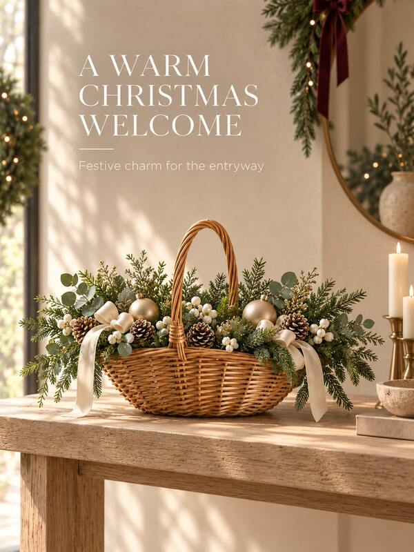 1pc Handmade Woven Willow Christmas Basket With High Handle, Rustic Style Holiday Storage & Floral Display Basket, Suitable For Gifts, Decorations, Blankets, Entryway, Fireplace, Tabletop And Home Decor, Wedding Must Haves, Bedroom Decor And Accessories, Christmas Decorations For Home, Christmas Gifts, Storage Containers