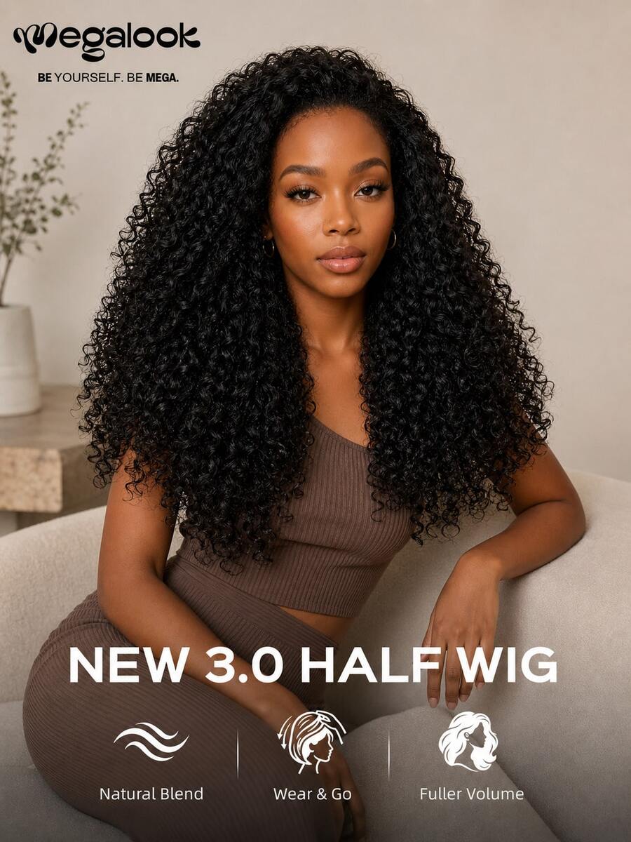 MEGALOOK 3 In 1 Half Wig Deep Curly Natural Black 100% Human Hair Wear Go Upgrade Headband Wig Updo Down Style Hairpiece Glueless Wigs Human Hair With Drawstring Beginner Friendly - SNatural - View 1