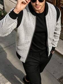 Men's Spring/Autumn Ribbed Patchwork Textured Jacquard Baseball Collar Zip-Up Sweatshirt, Casual Versatile - Grey - View 2