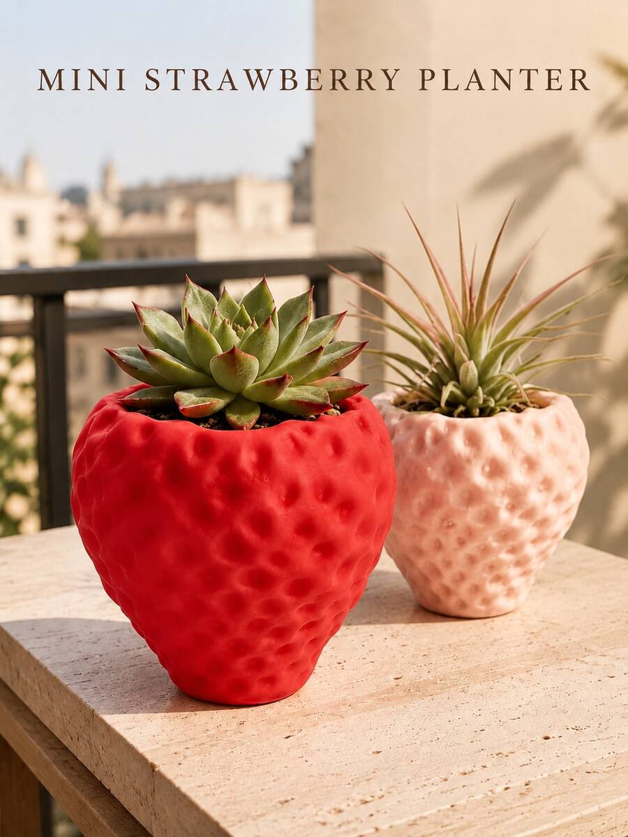 Mini Strawberry Planter - Made Of 3D Printed Plastic, This Fresh Pastoral Style Red/Pink Strawberry Shaped Planter Features 3D Fruit Texture, Suitable For Planting Desktop Succulents And Air Plants - Multicolor - View 1