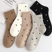 5 Pairs Women Heart Embroidery Mid-Calf Socks, Simple Versatile Casual Socks, Soft Elastic Comfortable Short Boot Socks, Autumn/Winter Daily Commute College Style Socks - Multicolor - View 6