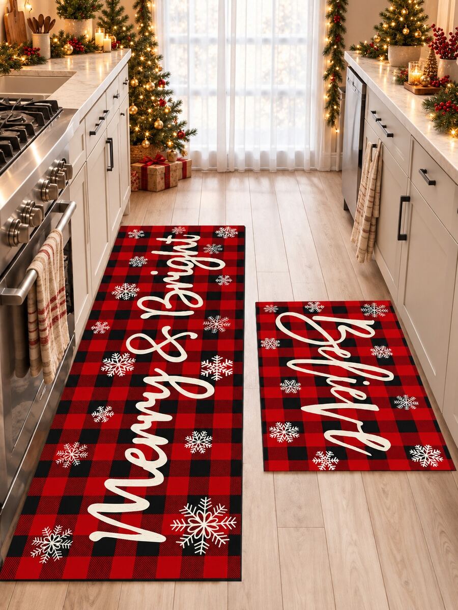 1pc Red & Black Plaid Print Kitchen Mat, Merry Christmas Letter Pattern Long Runner Rug, American Country Style Checkered Entryway Door Mat, Suitable For Kitchen, Dining Room, Hallway, Entrance, Bedroom And Indoor Home Decor, Winter Christmas Holiday Atmosphere Decorative Carpet - Multicolor - View 1